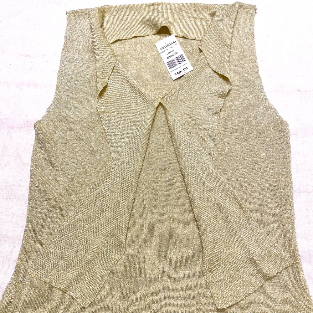 NWT Vintage GEORGIOU Studio Gold Sparkle Fitted Sleeveless Necktie Blouse